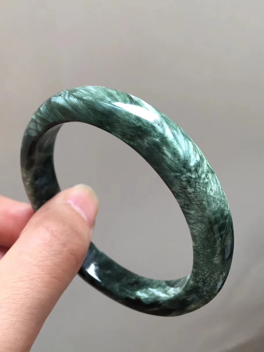 56mm Genuine Green Natural Seraphinite Gemstone Crystal Round Bracelet Bangle For Women Men Certificate AAAAA