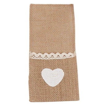 

100Pcs Jute Hessian Tableware Pouch Pocket Love Cutlery Knife Fork Holder for Rustic Wedding Party Decoration Supplies