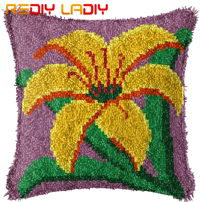 

Latch Hook Cushion Gold Lily Flower Pillow Case Printed Color Canvas Acrylic Yarn Latched Hook Pillow Crochet Cushion Cover Kits