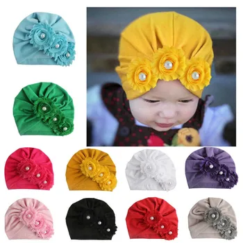 

One Piece Newborn Toddler Kids Baby Girls Pearl Three Flower Cotton Beanie Hat Winter Cap Sweet Solid Cute Lovely Warm Soft