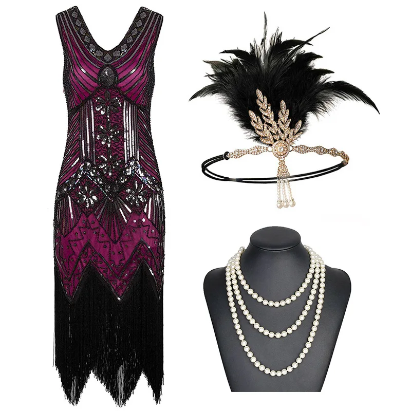 Rose Red Set Винтажное платье размера плюс S1920s Gastby с блестками и сеткой в стиле модерн, украшенное бахромой, черный/зеленый/белый/золотой - Цвет: Rose Red Set