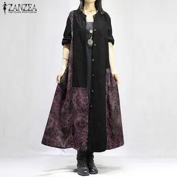

ZANZEA Women Vintage Cotton Linen Dress Spring Pacthwork Sundress Loose Retro Long Sleeve Floral Printed Long Shirt Vestido Robe