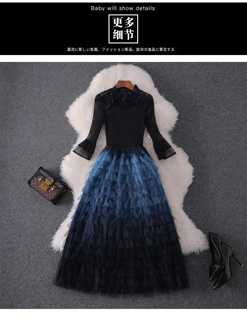 Women fashion autumn winter ruffles dress lace inset falre sleeve fit and flare cute dresses new blue