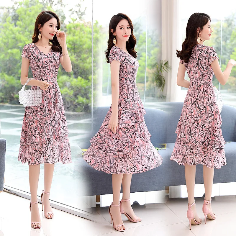 

Chiffon Printed Dress Children 2019 Summer V-neck Flower Simple Mid-length Fairy Immortal Sweet Dress