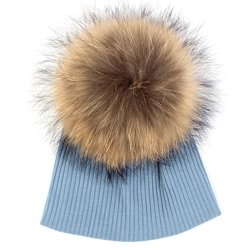 light blue A Geebro/зимние однотонные шапки с гофрированной резинкой для новорожденных, шапки с помпоном из натурального меха 15 см, новая милая хлопковая шапка с черепами для девочек и мальчиков - Цвет: light blue A
