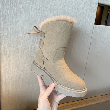

Suede Snow Boots Women Shoes Plush Ankle Boots Lace Up Platform Boots Winter Warm Shoes Women Short Booties Black Beige