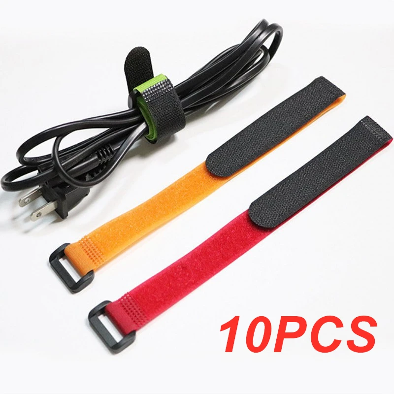 10pcs Nylon Hook and Loop Strap Computer Cable Ties with Buckle Band Black