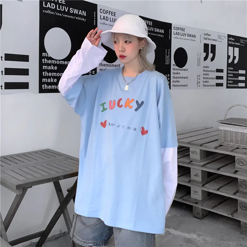Lychee Harajuku, японская женская футболка с буквенным принтом, поддельные 2 штуки, вырез лодочкой, женские пуловеры, топы, повседневные свободные женские футболки, футболки