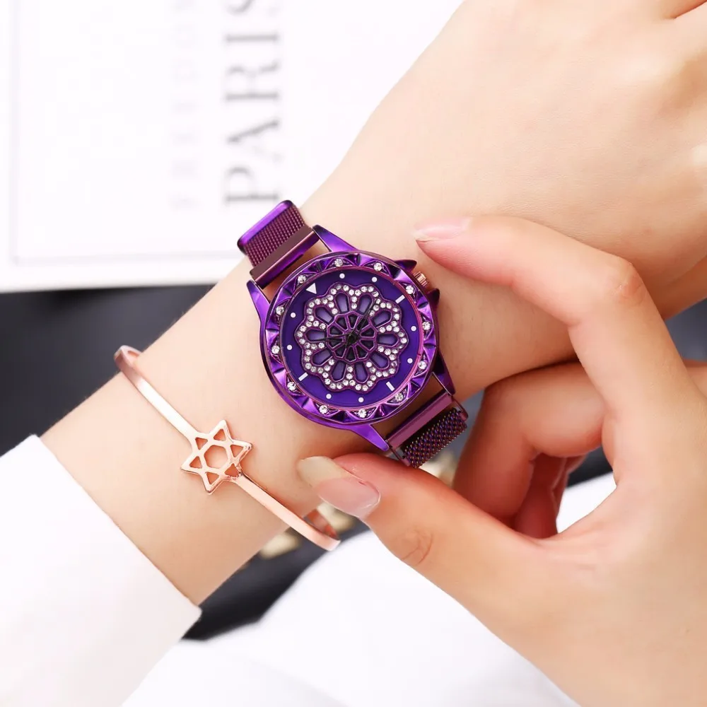 

Popular Fashion Luxury Lady Magnet Buckle Lucky Flower Watch 360 Rotating Luxury Lady Stainless Steel Quartz Watch Dropshipping