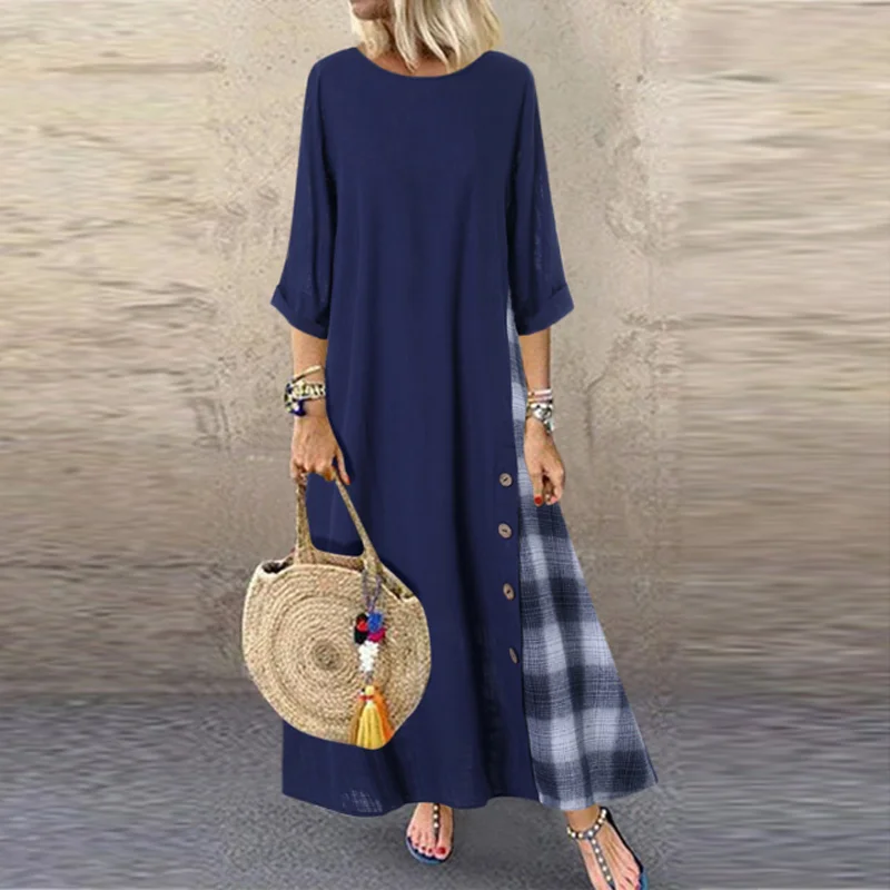 O Neck Blue VIEUNSTA Винтаж Кнопка лоскутное платье с принтом, в клетку с круглым вырезом Для женщин хлопковое льняное платье осень размера плюс Повседневное Платье для вечеринки - Цвет: O Neck Blue