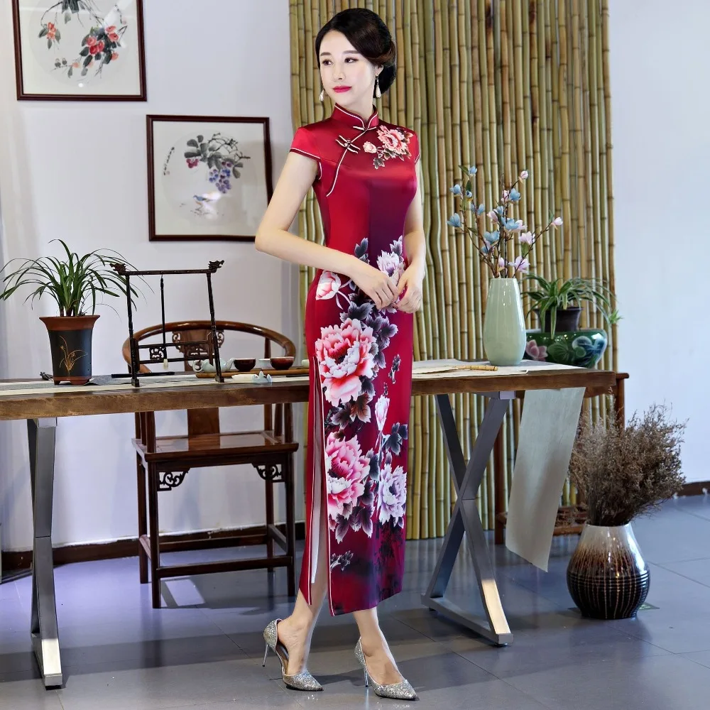 Новинка, традиционное китайское шелковое атласное платье, женское платье с короткими рукавами, винтажное платье, Ципао, сексуальное платье с цветочным принтом, тонкие вечерние платья
