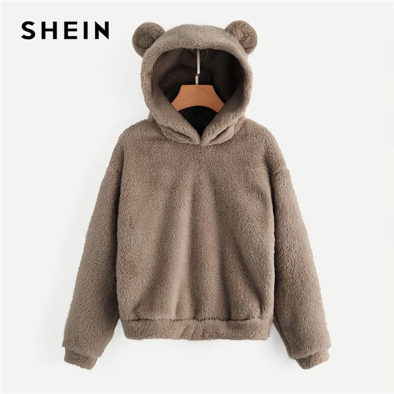 SHEIN Однотонный Свитшот С Капюшоном Модная Толстовка Тедди С Длинным Рукавом