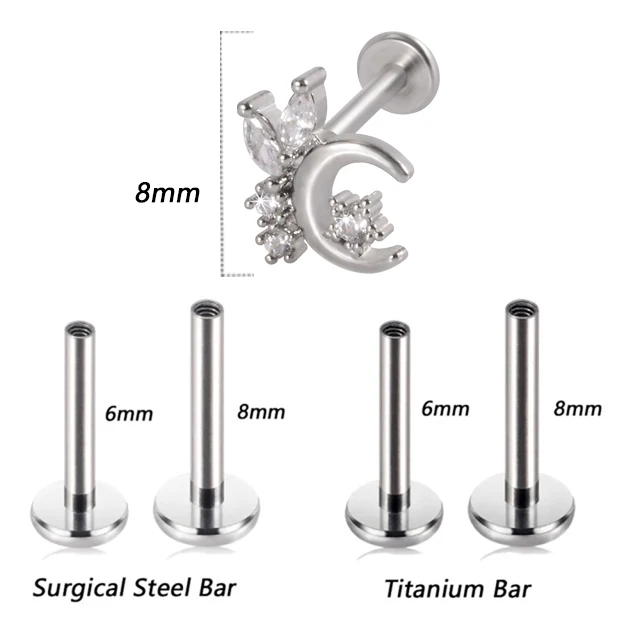 1PC G23 Titanium&Steel 16G CZ Gem Moon Labret Lip Bar Ring Crystal Flower Ear Cartilage Tragus Helix Piercing Screw Fit Top 16g Style M