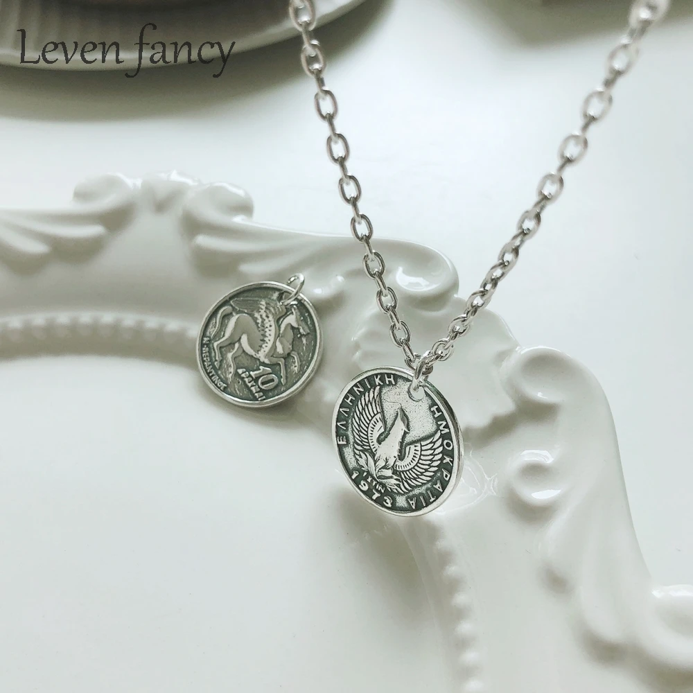 

Heavy Greek Horse Coin Link Chain 925 Sterling Silver Long Sweater Chain Pendant Necklace Vintage Antique Silver Jewelry S925