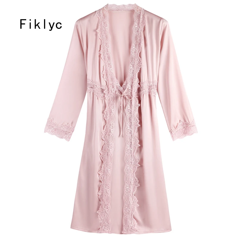 

Fiklyc underwear autumn satin women's robe & gown sets two pieces sexy female V-neck padded nightdress + bathrobes nighties HOT