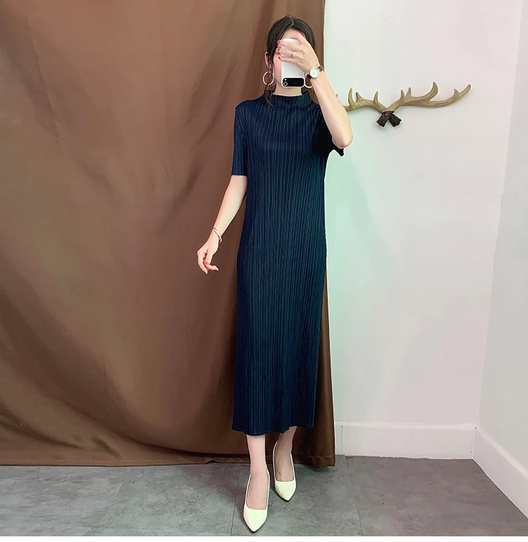 Miyake/плиссированное платье в японском стиле, прямые тонкие платья с коротким рукавом простой однотонный воротник-стойка, платье до середины икры для женщин, большие размеры