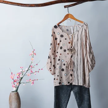 

Women Vintage Plus Size Loose Blouse 3/4 Sleeved Striped Dot Print Button Down Retro Holiday Boho Shirts Casual Tops S-5XL