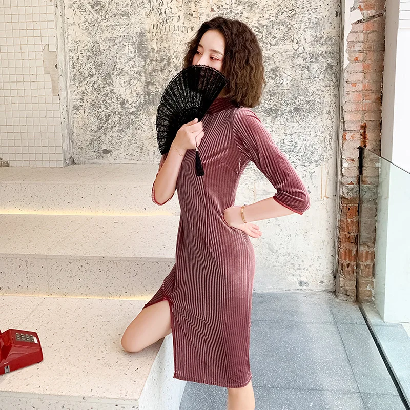 Элегантный Улучшенный Ципао длиной до колена Cheongsam Vestidos Размер S-2XL винтажное бархатное женское вечернее платье