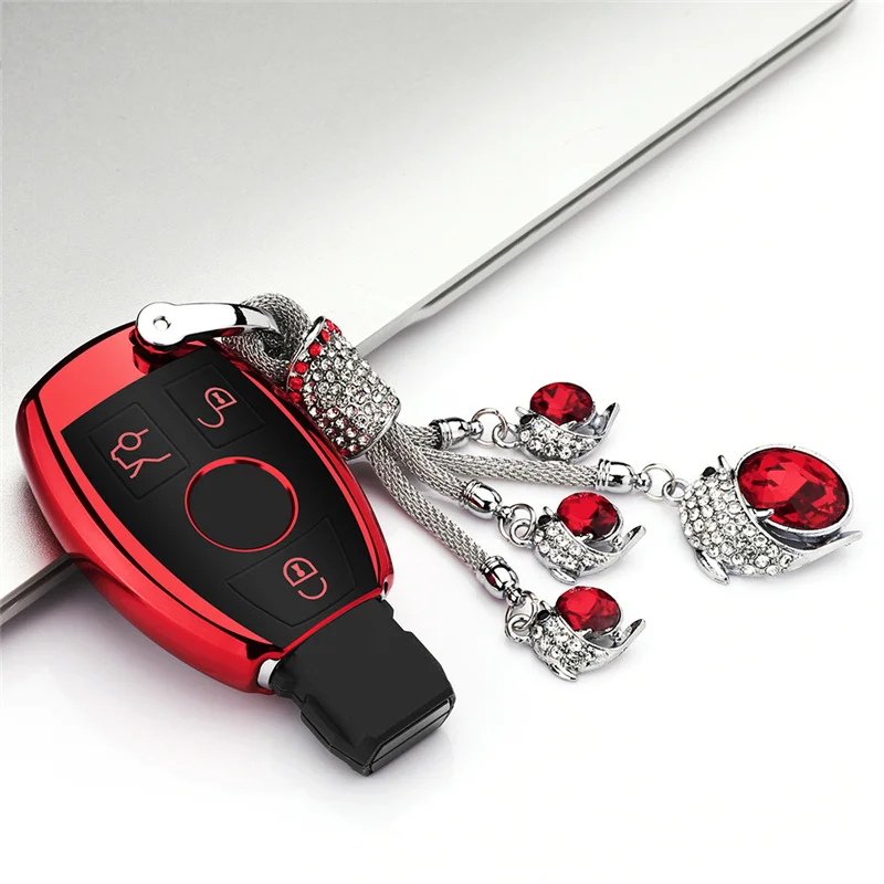 Горячий мягкий ТПУ автомобильный чехол для ключей для Mercedes CLS CLA GL R SLK AMG A B C S уровень дистанционного управления контрольные принадлежности водонепроницаемый - Название цвета: B-red-keyring
