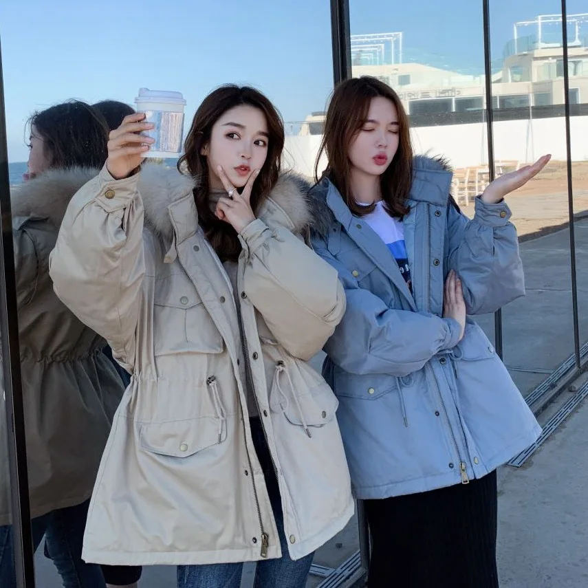 

Photo Shoot CHIC Blue Mid-length Hooded Large Fur Collar Single Breasted Drawstring Waist Hugging Best Friend Workwear Cotton Co