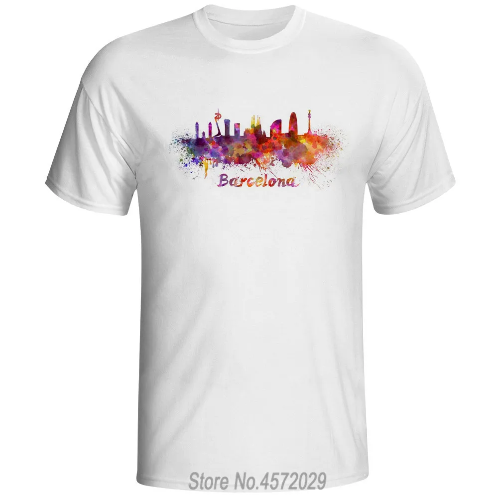 

Barcelona skyline in watercolor Men's T shirt Beautiful Design Hipster T-shirt Printed Tees euro size sbz4595