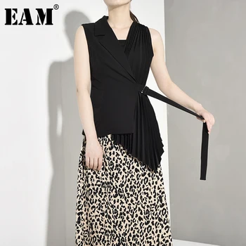 

[EAM] Women Loose Asymmetrical Pleated Bandage Fit Vest New V-collar Sleeveless Buckle Fashion Tide Spring Autumn 2020 YC3110