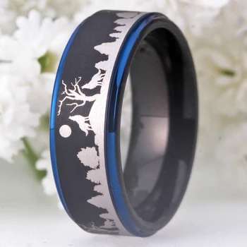 

Men's 8mm Black Tungsten Ring with Engraved Wolves in Forest Men's Wedding Band Engagement Odin Symbol Rings Male Finger Jewelry
