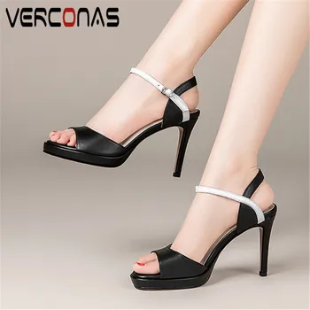 

VERCONAS 2020 Fashion Woman Pumps Genuine Leather Summer Classic Design Woman Sandals Pointed Toe Thin High Heeled Shoes Woman