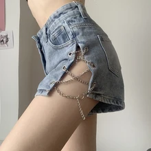 

Women Harajuku Summer Hot Jeans Shorts with Chains High Waisted Short Pants Fashion Korean Split Buckle Up Shorts gothic punk