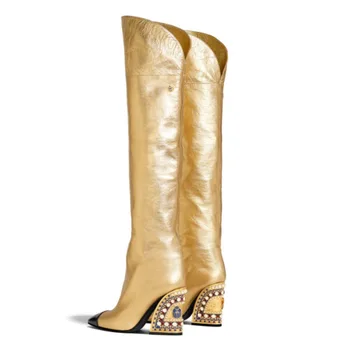 

Kaeve Pointe Combat Boots For Women Gold Leather Knie Laarzen Fashion Shoes Rhinestone Studded High Boots Ladies Martens Shoes