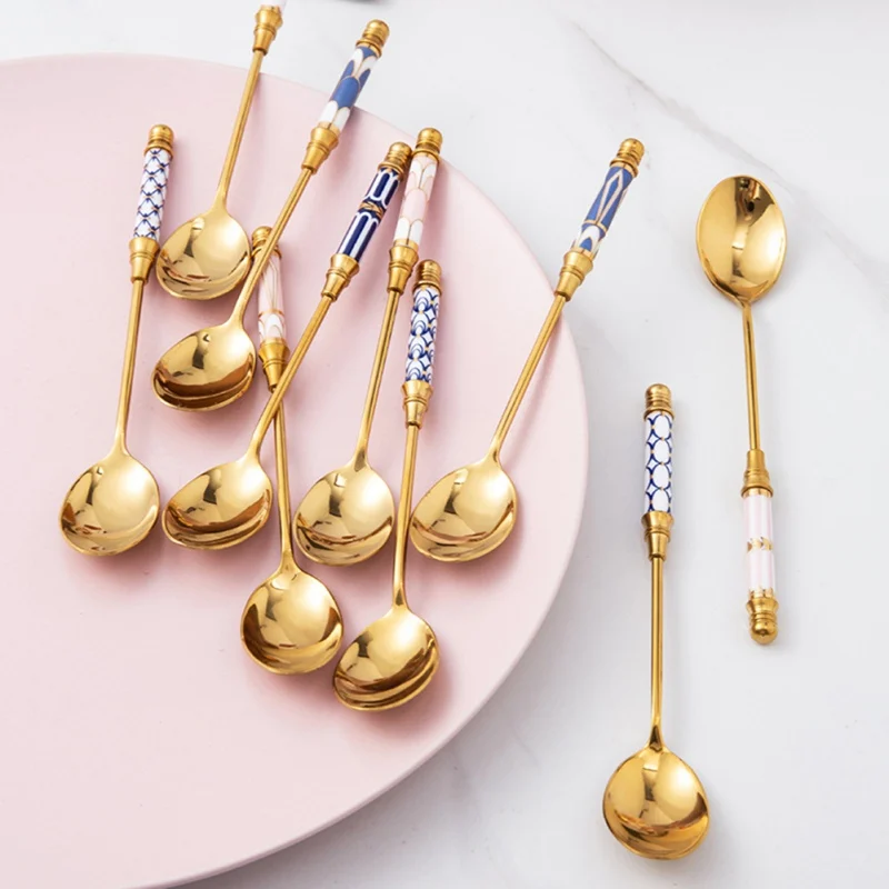 Stainless Steel Dessert Spoon Gold Coffee Milk Spoon With Ceramic Long Handle Ice Cream Fruit Cake Honey Stirring Spoons stainless steel spoon tea spoon