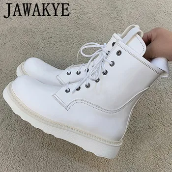 

Flat Platform Lace Up Ankle Boots Genuine Leather Round Toe motorcycle botas cool girls martin boots women thick bottom 2020