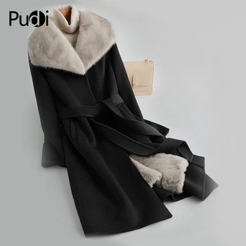 

PUDI A59773 Women real wool blends black coat lady Rex fur lining cross mink fur collar leisure Fall/Winter wool long outwear
