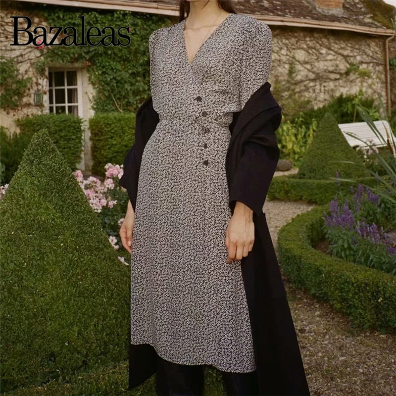 Bazaleas винтажное габиновое женское платье с запахом, французское серое платье с цветочным принтом, модное женское платье миди с завязками и боковыми пуговицами