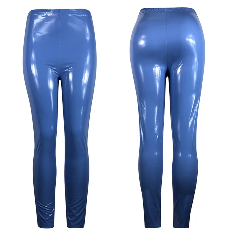 Модные женские обтягивающие брюки из искусственной кожи с эффектом мокрого вида, элегантные женские узкие брюки с высокой талией, Клубные брюки для вечеринок - Цвет: Синий