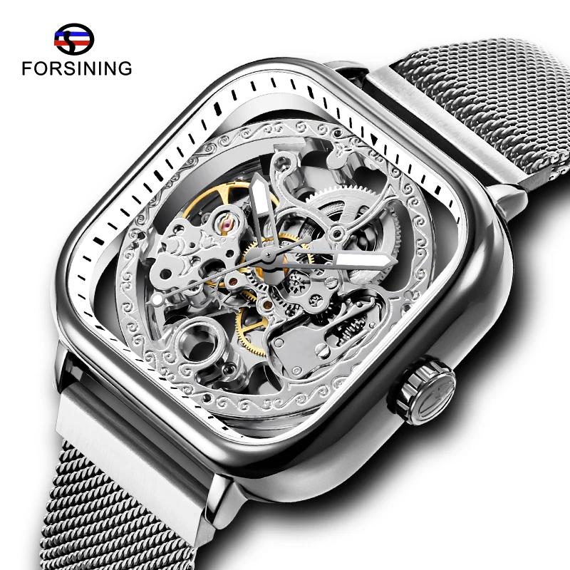 

Fashion FORSINING Men Mechanical Watches Automatic Self-Wind Transparent Mesh Steel Wristwatch Skeleton Male Luminous Clock