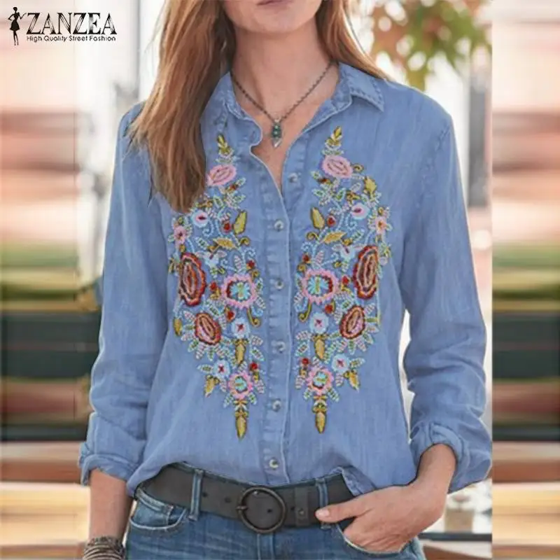 ZANZEA Women Vintage Embroidered Denim 