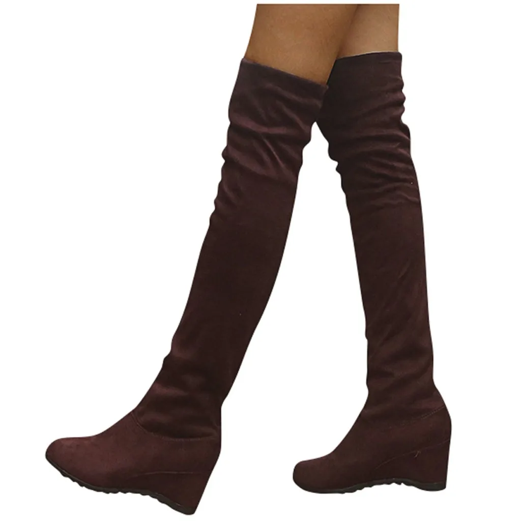Женские теплые сапоги эластичные сапоги выше колена из эластичной ткани высокие сапоги на танкетке Большие размеры 35-43, ботинки с острым носком на молнии сбоку