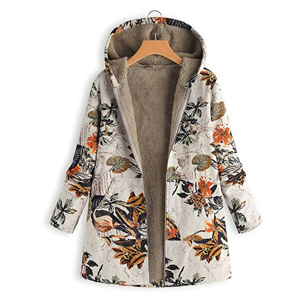 

Jacket Cotton 5XL Woman Plus Size Winter Coat Floral Print Hooded Thick Outwear Causal Loose Warm Tops Pockets Long Sleeve Coats
