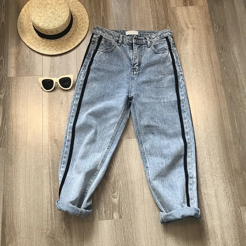 Mooirue, осенние джинсовые штаны, женские джинсы, в полоску сбоку, уличная одежда, тонкие, черные, высокая талия, свободные,, женские джинсовые штаны, низ