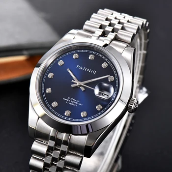

Parnis Blue Dial Men's Watches Calendar Miyota 8215 Movement 21 Jewels Automatic Mechanical Men Wristwatch 2020 box gift clock