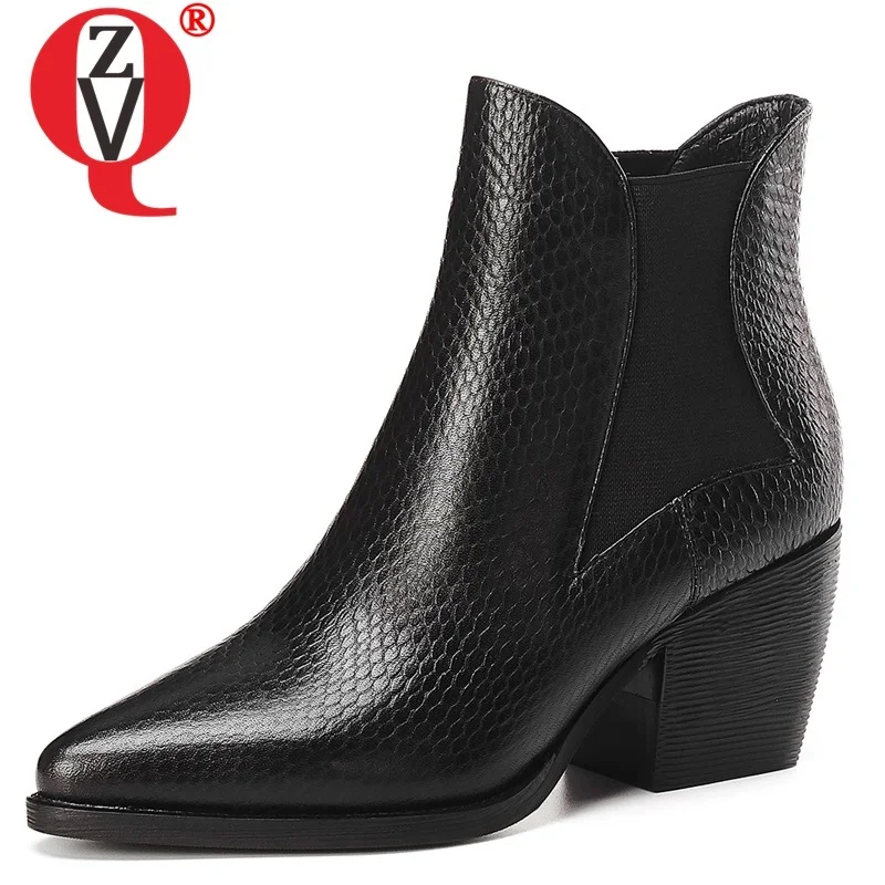 

ZVQ winter new concise ankle boots outside high heels pointed toe slip-on handmade genuine leather women shoes drop shipping