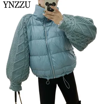 

YNZZU Knitted sleeve Patchwork Women Down jacket Turtleneck Thick Warm 90% White duck down coat 2019 Winter Short Overcoat YO924
