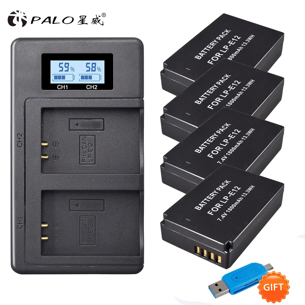 

4pcs 1800mAh LP-E12 LPE12 LP E12 Battery pcak + USB LCD smart Charger for Canon M 100D Kiss x7 Rebel SL1 EOS M10 EOS M50 DSLR