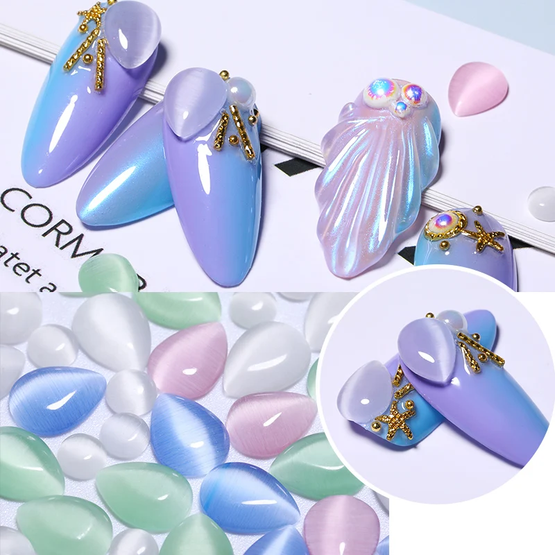 

10 PCS/Bag 3D Nail Rhinestone Decorations Cat Eye Stones Mixed Water Droplets Round Shape Nails Art DIY Designs Accessories