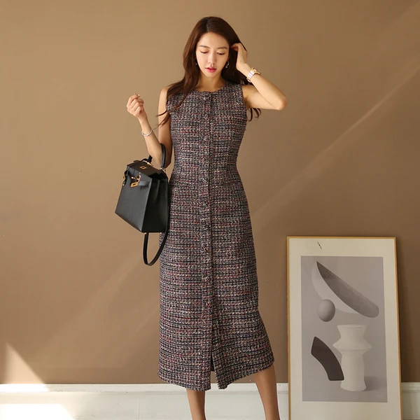 New Autumn winter High Quality Women 2 Piece Set Tweed Short Jacket Coat+Elegant Fashion single-breasted Long Party Dresses