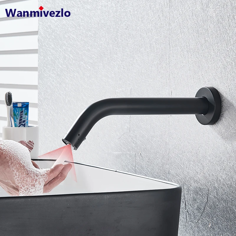 

Wall Mounted Bathroom Basin Sink Faucet Cold Water Hand Touch Tap Automatic Inflated Sensor Faucet Black Basin Crane