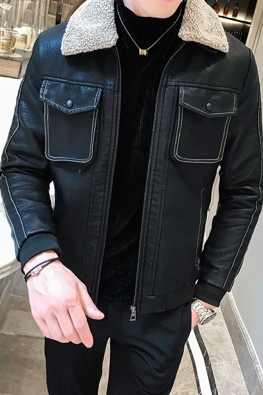 Корейские мужские пальто кожаные куртки Bomer короткие новые зимние мужские куртки кожаные с отложным воротником мужская кожаная одежда черный