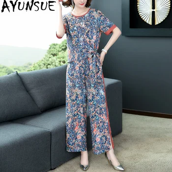

AYUNSUE 2 Piece Set Women Summer Silk T Shirt Women Pants Set Floral Matching Sets Clothes Casual Two Piece Outfits KJ4629