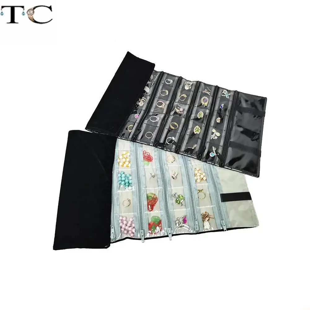 Velvet Zipper Jewelry Roll Bag for Jewellery Ring Earrings Organizer Storage Bag Portable Necklace Display Cases 15/30/40 Grid